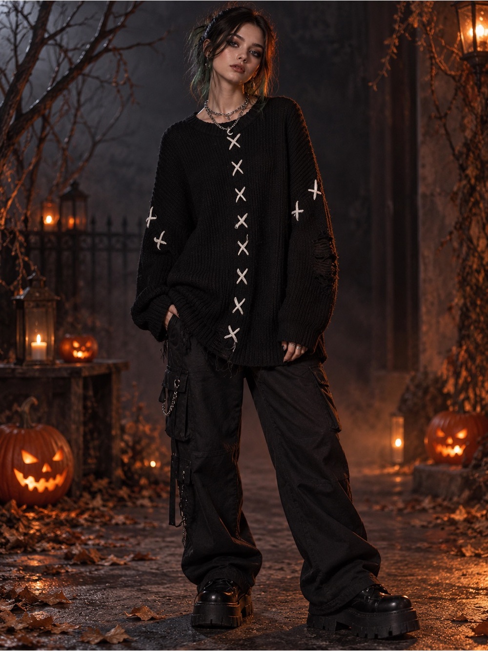 Black Oversized Knit Destruction Sweater with Contrast Stitching